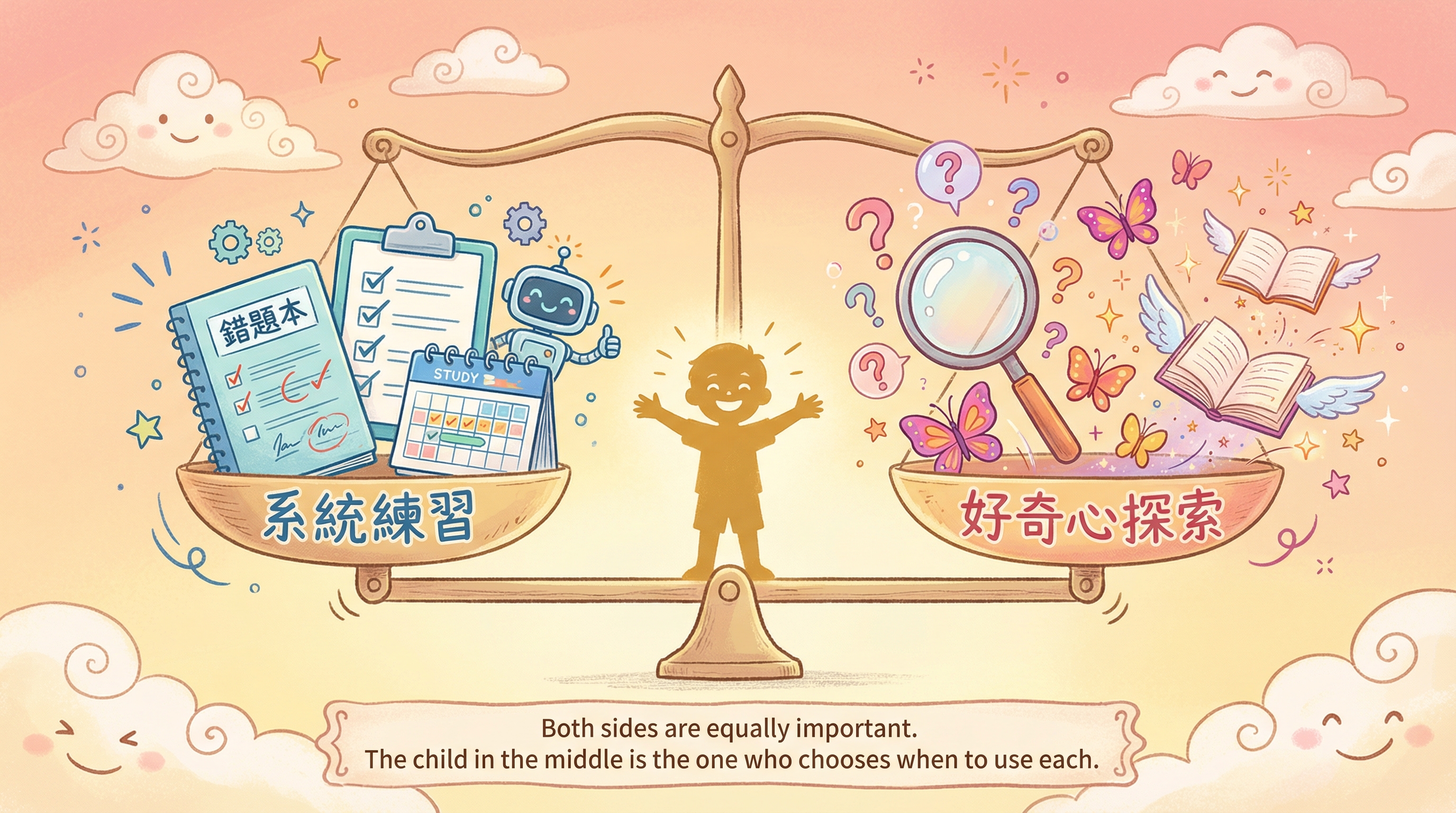 系統練習與好奇心探索的平衡：天平兩端分別是有紀律的練習和自由探索