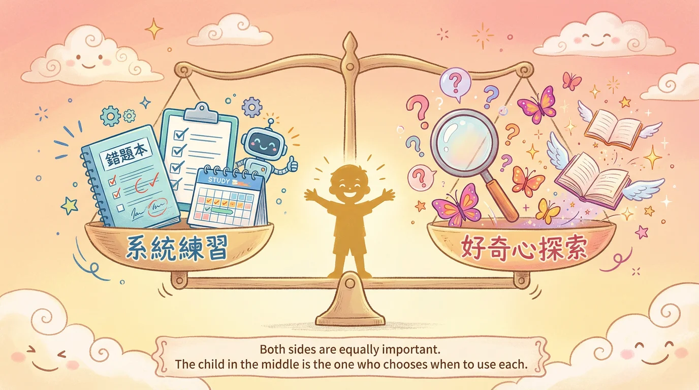系統練習與好奇心探索的平衡：天平兩端分別是有紀律的練習和自由探索